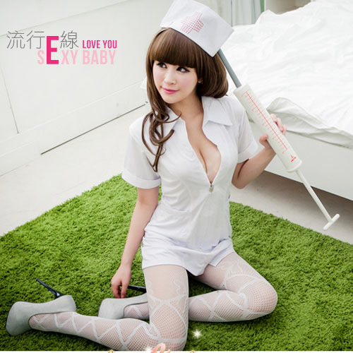 粉白護士服經典角色扮演服裝角色扮演服短袖洋裝護士服 A409